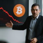 Bestuurder wijst in vergaderzaal naar scherm met dalende koersgrafiek en Bitcoin-logo