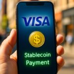 Een smartphone met het Visa-logo en een stablecoin-betaling op straat