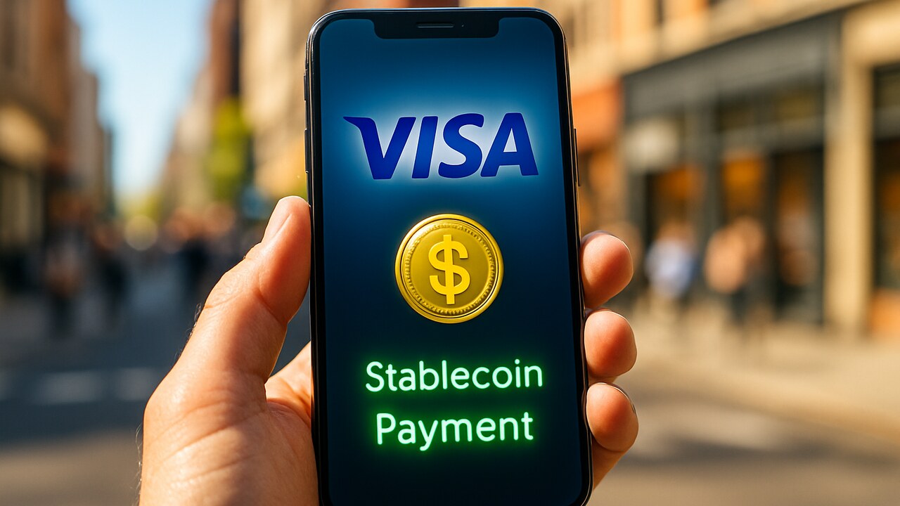 Een smartphone met het Visa-logo en een stablecoin-betaling op straat