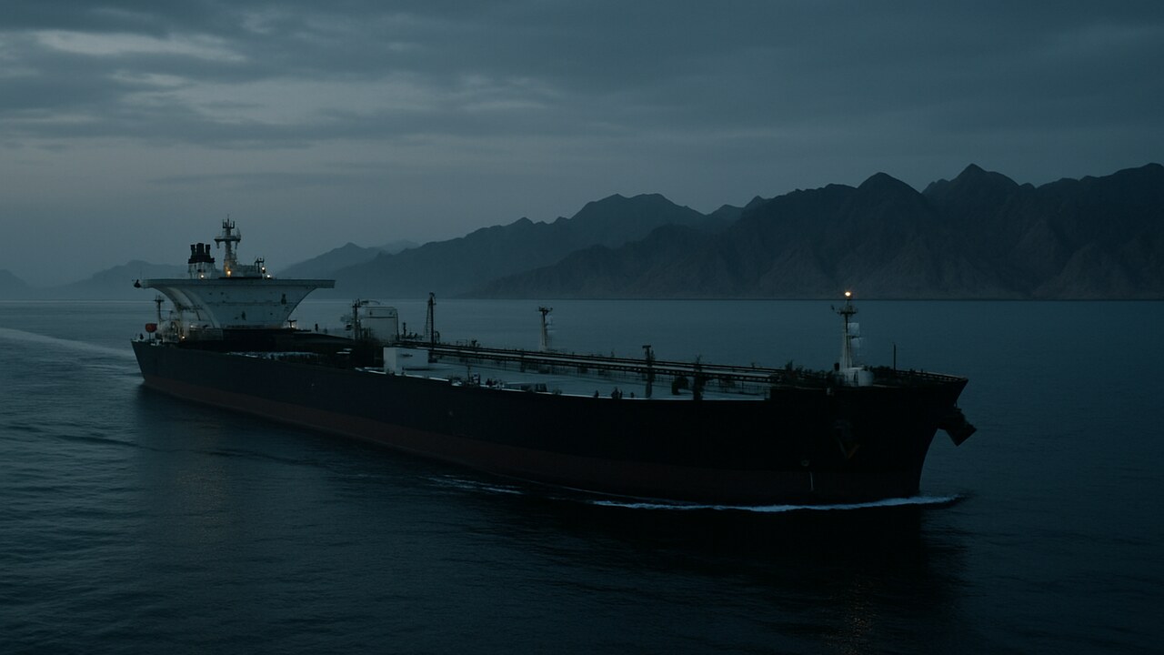 Een olietanker vaart in de schemering door de Straat van Hormuz, met de Iraanse kustlijn op de achtergrond