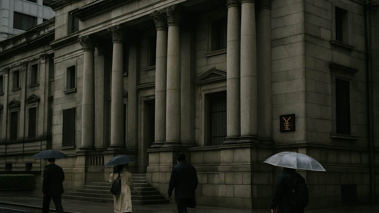Het hoofdkantoor van de Bank of Japan in Tokio onder een bewolkte hemel