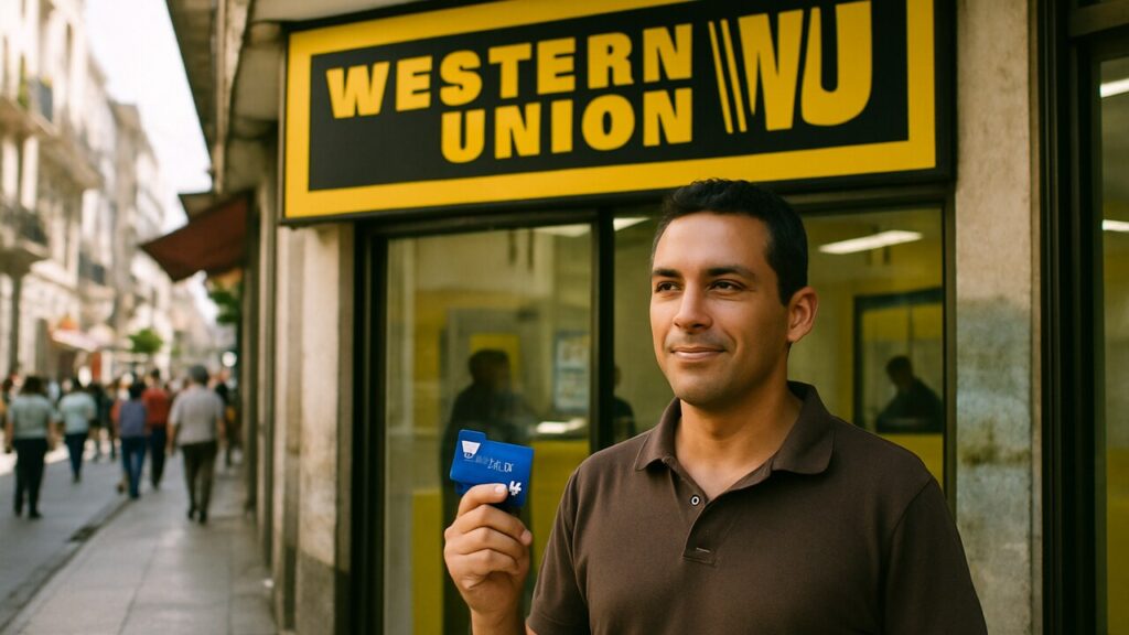 Een Western Union-kantoor met het herkenbare logo, waar een klant een betaalkaart vasthoudt bij de ingang