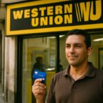 Een Western Union-kantoor met het herkenbare logo, waar een klant een betaalkaart vasthoudt bij de ingang