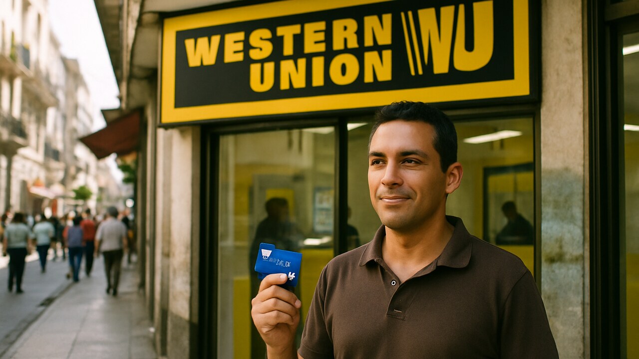 Een Western Union-kantoor met het herkenbare logo, waar een klant een betaalkaart vasthoudt bij de ingang