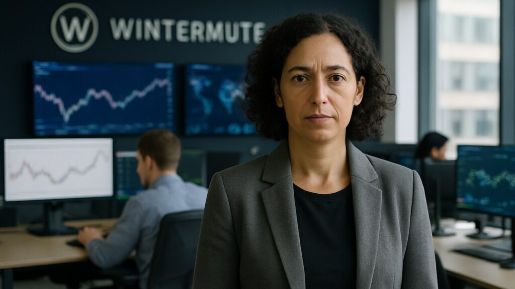 Medewerker in een modern fintech-kantoor van marketmaker Wintermute die richting de camera kijkt