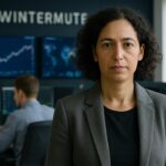 Medewerker in een modern fintech-kantoor van marketmaker Wintermute die richting de camera kijkt