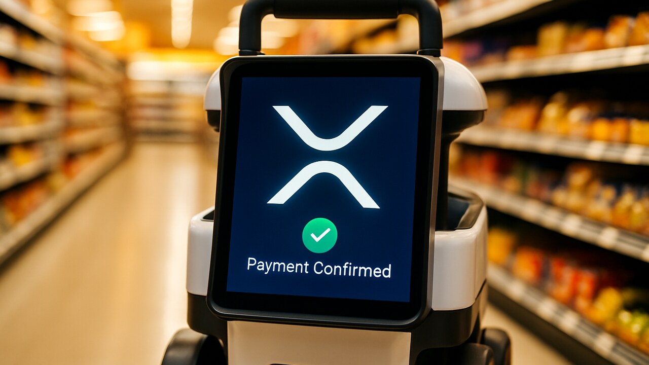 Autonome winkelrobot met een scherm waarop het XRP-logo en een groene betaalbevestiging te zien zijn in een supermarkt