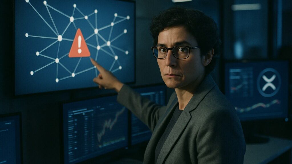 Vrouw in een beveiligingscontrolekamer wijst naar een scherm met een gestopte netwerkverbinding en het XRP-logo