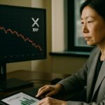 Vrouw bekijkt een rode XRP-koersgrafiek naast een scherm met groene instroomcijfers