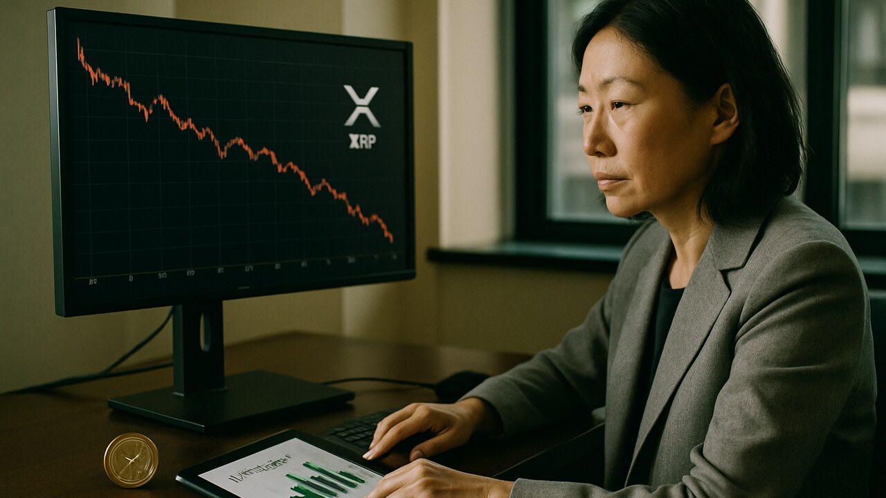 Vrouw bekijkt een rode XRP-koersgrafiek naast een scherm met groene instroomcijfers