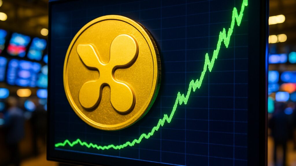 Het XRP-logo op een beursscherm naast een steil stijgende groene koersgrafiek