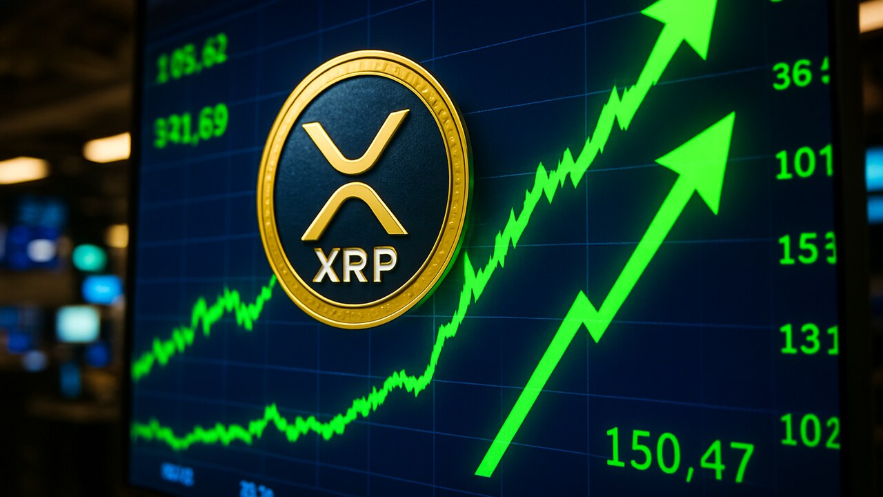 Een groot beursscherm met het XRP-logo en een stijgende groene grafiek die de recordinstroom in XRP ETF's verbeeldt