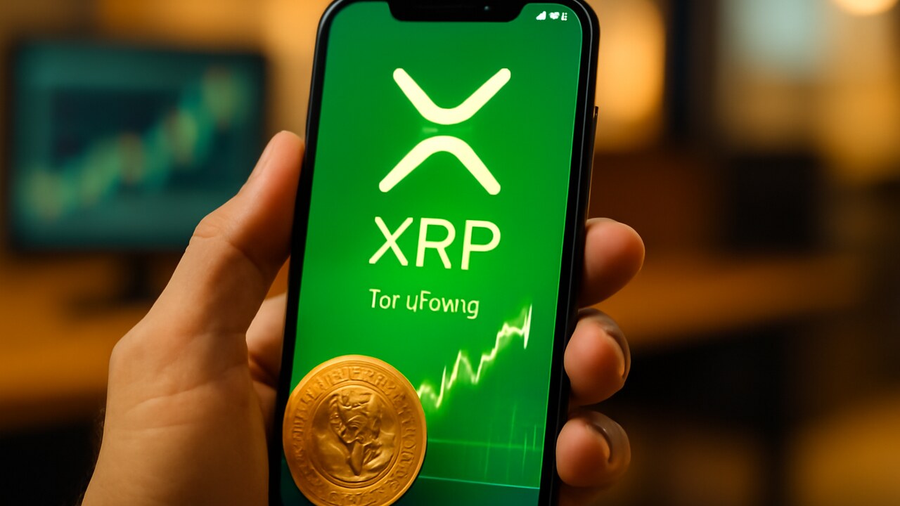 Smartphone met een handelsscherm voor XRP-opties en het XRP-logo duidelijk in beeld