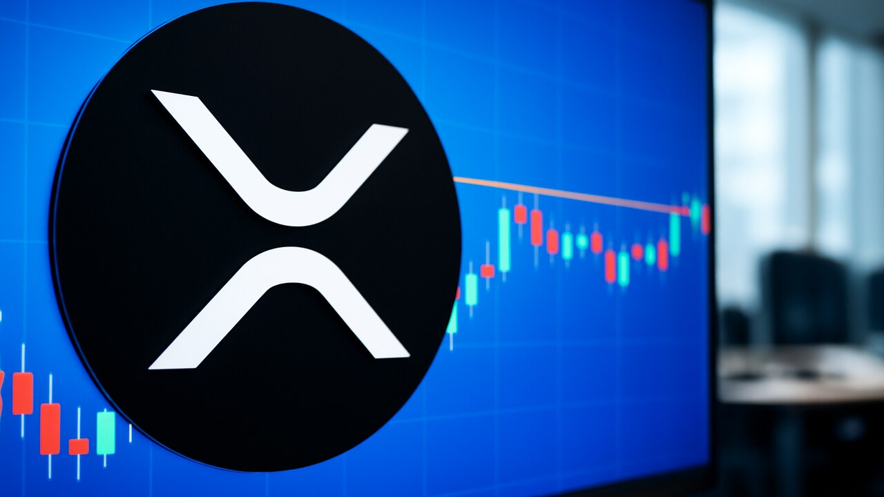 Het XRP-logo op een beursscherm met een koersgrafiek die vastloopt tegen een weerstandslijn rond 1 dollar