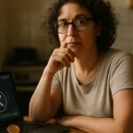 Vrouw aan keukentafel kijkt naar laptop met chatinterface en XRP-logo op het scherm