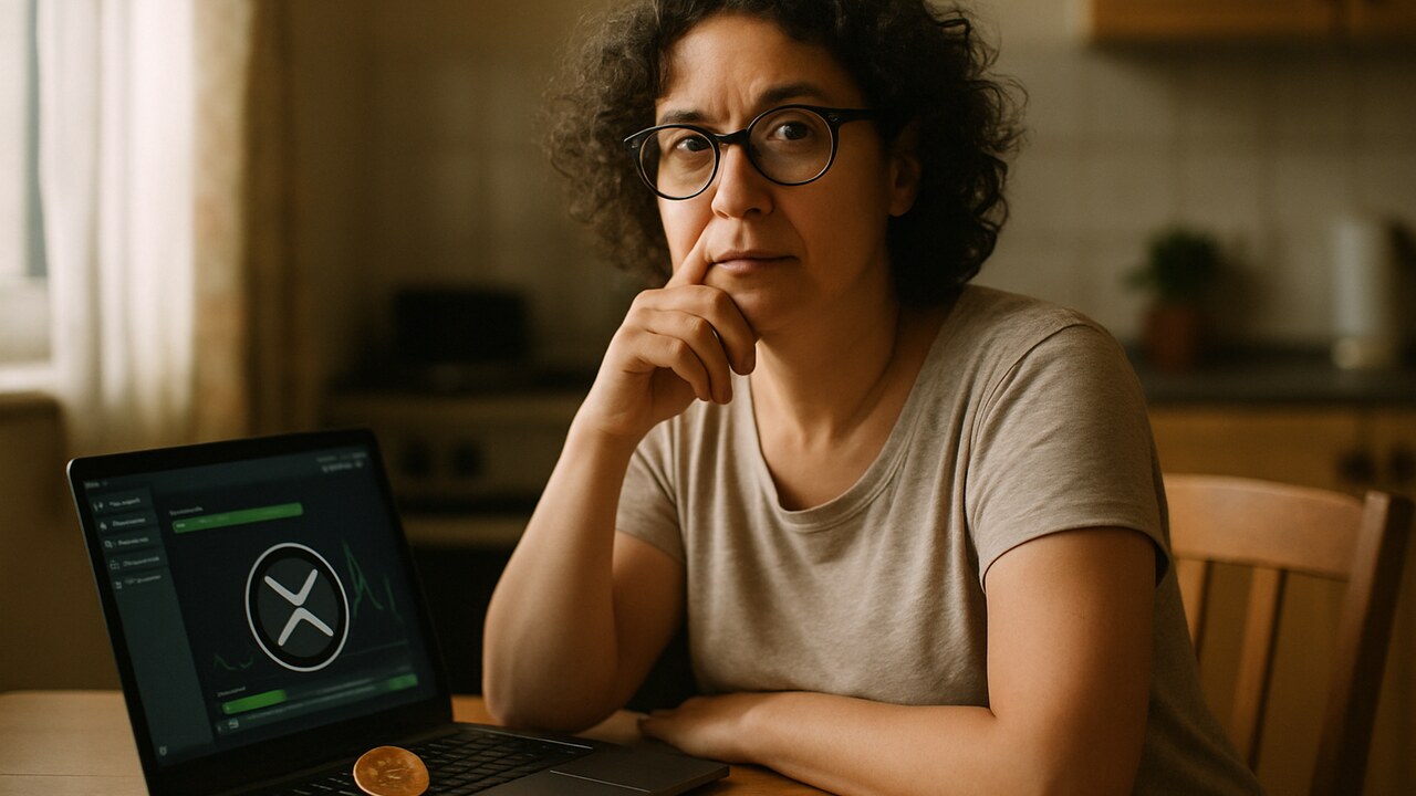 Vrouw aan keukentafel kijkt naar laptop met chatinterface en XRP-logo op het scherm