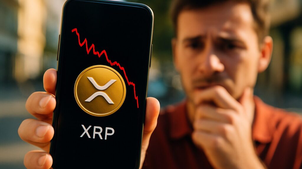 Smartphone toont het XRP-logo met een rode dalende koersgrafiek