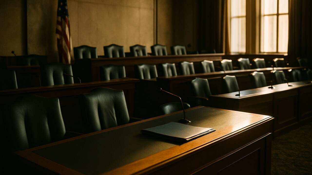 Lege zittingszaal in de Amerikaanse Senaat met houten banken en een vlag, symbool voor de uitgestelde cryptowet