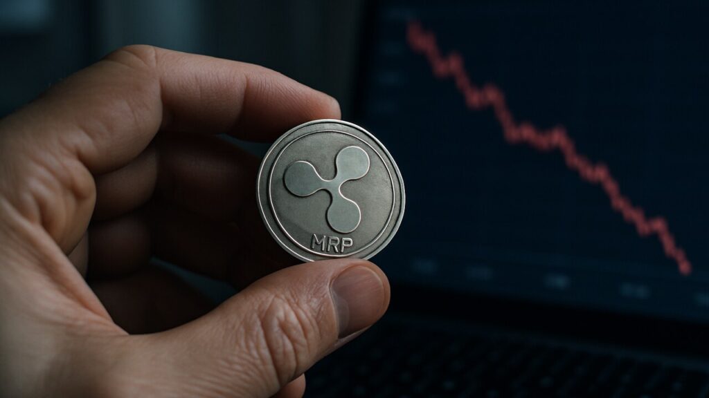 Hand houdt een fysieke XRP-munt vast bij een laptop met een dalende rode koersgrafiek
