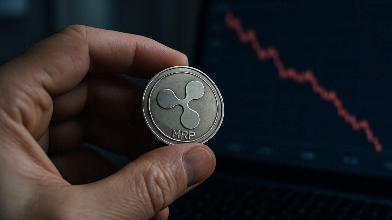 Hand houdt een fysieke XRP-munt vast bij een laptop met een dalende rode koersgrafiek