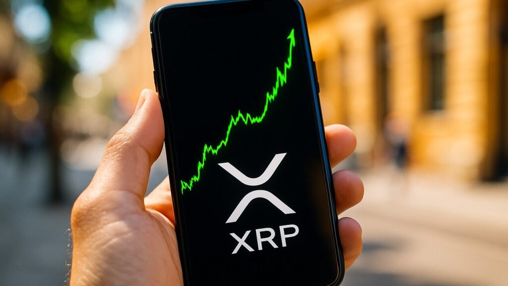 Smartphone toont een stijgende groene XRP koersgrafiek met het XRP-logo in beeld