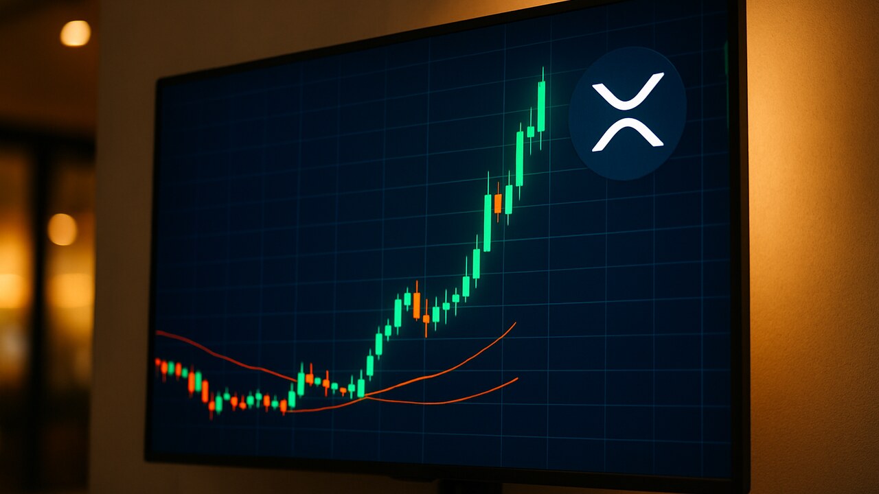 Handelsscherm met een groene stijgende XRP koersgrafiek die boven twee kruisende gemiddelde-lijnen uitbreekt