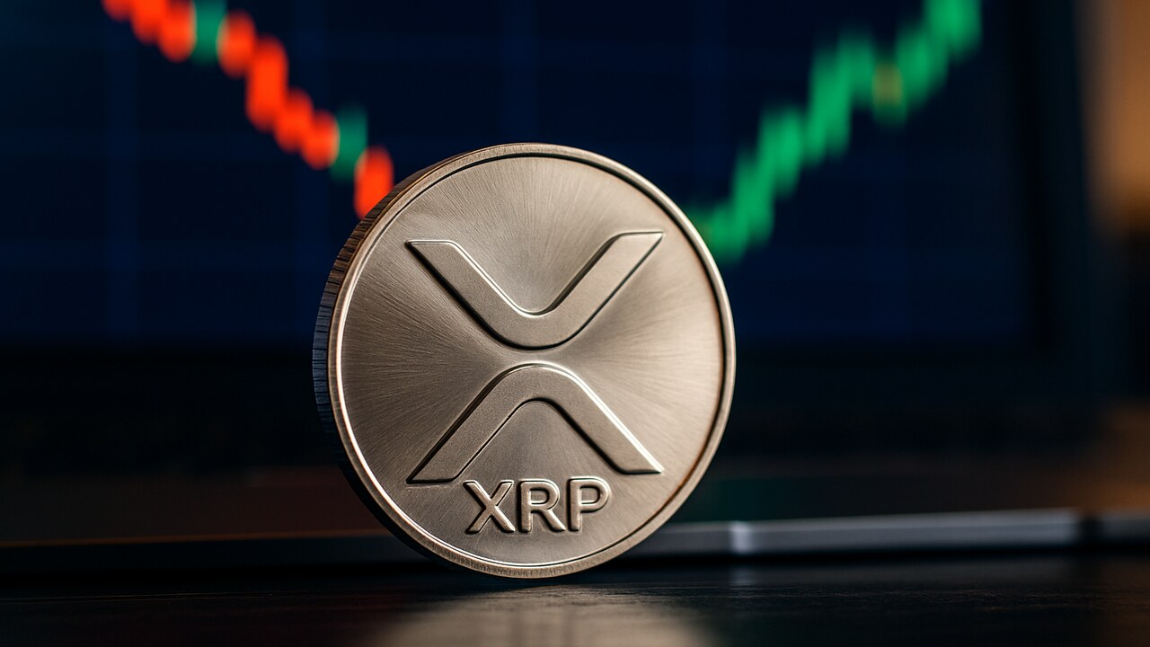 Een fysieke XRP-munt met het Ripple-logo voor een beeldscherm met een koersgrafiek die van rood naar groen kantelt.