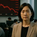 Vrouw in een Zuid-Koreaans crypto-handelskantoor met op de achtergrond een rood gekleurde koersgrafiek