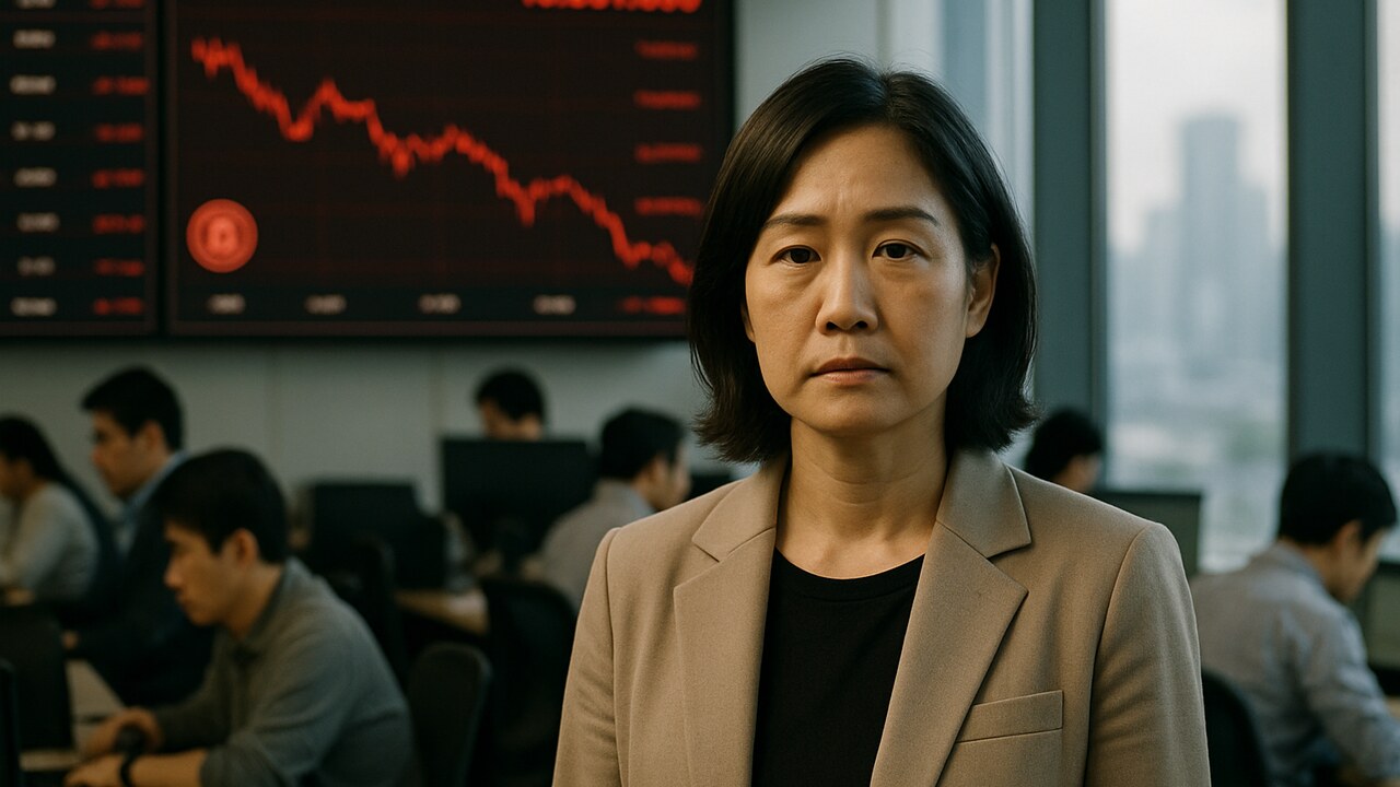 Vrouw in een Zuid-Koreaans crypto-handelskantoor met op de achtergrond een rood gekleurde koersgrafiek