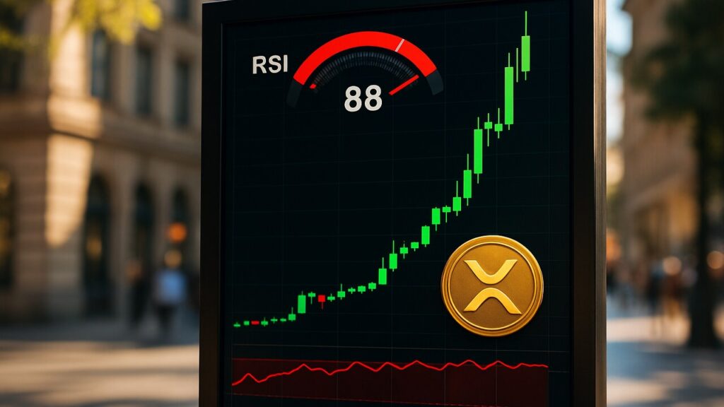 Groot straatscherm met een steil stijgende XRP koersgrafiek en een oververhitte RSI-indicator rond de 88