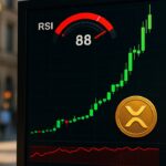 Groot straatscherm met een steil stijgende XRP koersgrafiek en een oververhitte RSI-indicator rond de 88