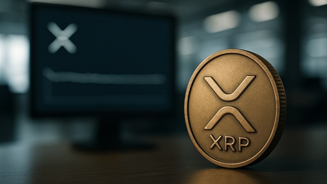 Datacenter met serverrijen en een scherm dat een vlakke XRP koers toont