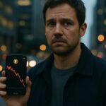 Persoon op straat kijkt bezorgd naar telefoon met dalende rode koersgrafiek van XRP