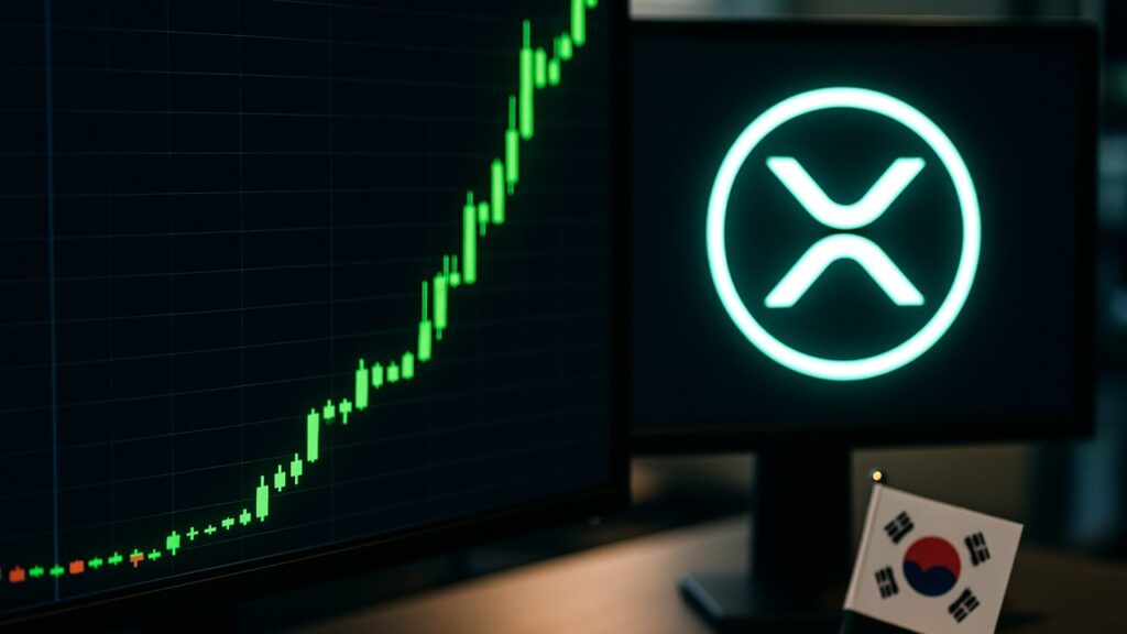 Groene stijgende XRP koersgrafiek op een handelsscherm met het XRP-logo en een Zuid-Koreaanse vlag