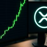 Groene stijgende XRP koersgrafiek op een handelsscherm met het XRP-logo en een Zuid-Koreaanse vlag