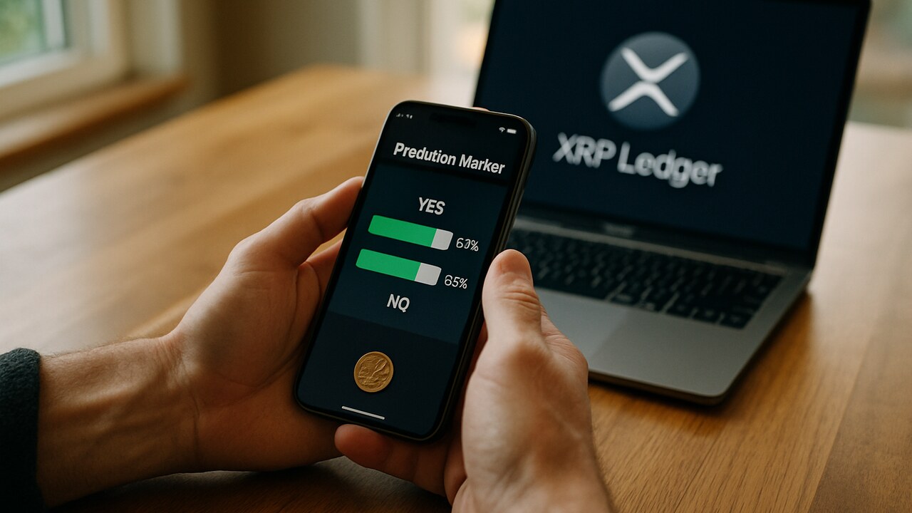 Handen houden een smartphone vast met een voorspelmarkt-scherm, op de achtergrond een laptop met het XRP-logo