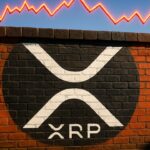 Bakstenen muur met XRP-logo waartegen een rode koerslijn omhoog drukt