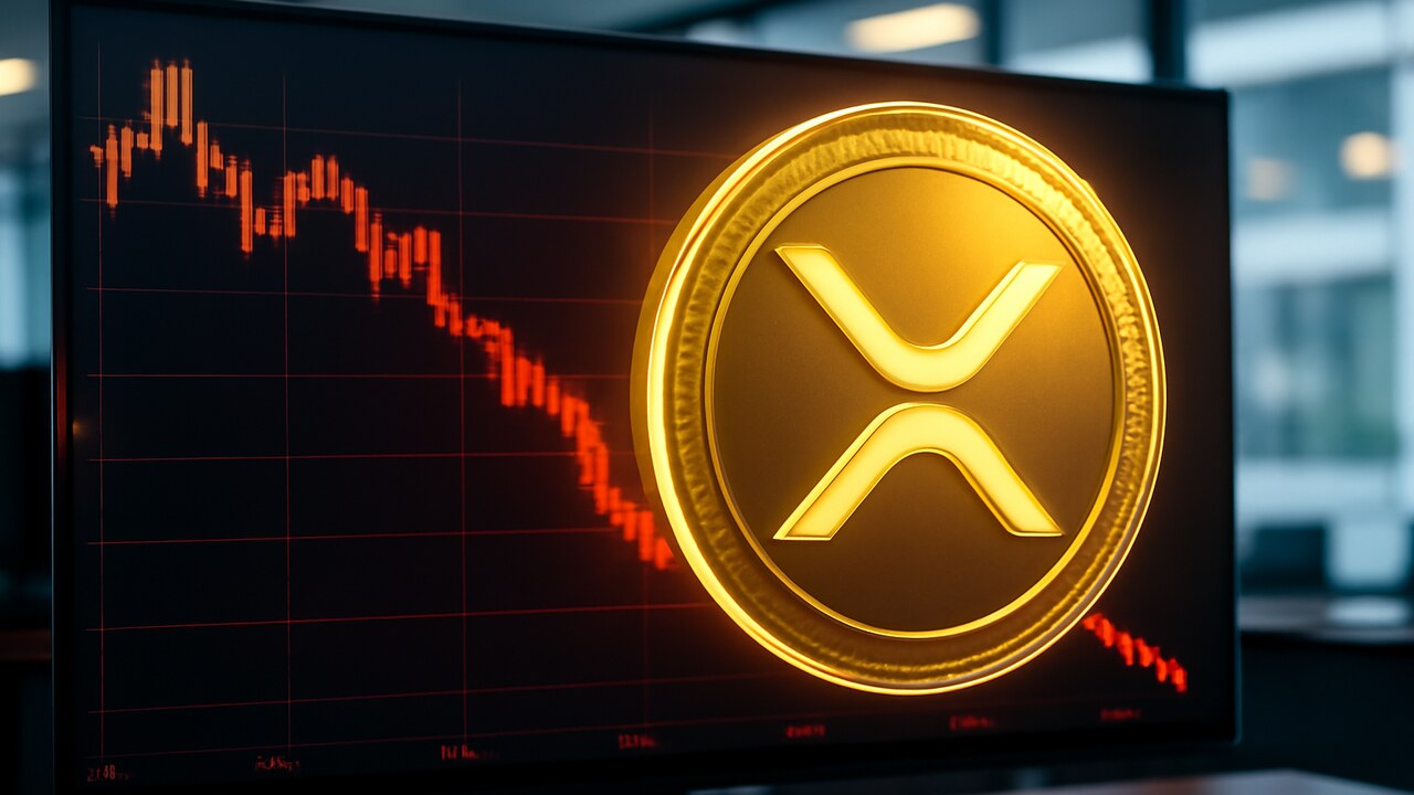 XRP-logo op een beeldscherm met een dalende rode koersgrafiek op de achtergrond