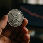 Een hand houdt een fysieke XRP-munt vast voor een scherm met een licht dalende rode koerslijn.