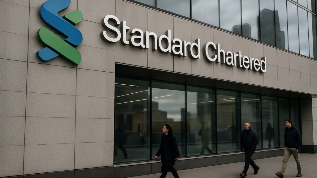 Vestiging van grootbank Standard Chartered met logo op de gevel in een financieel district