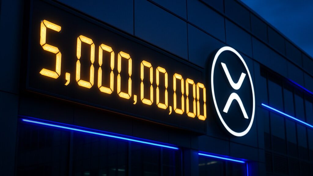 Digitale teller met vijf miljard transacties en het XRP-logo op de gevel van een datacenter