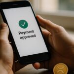 Handen met een smartphone die een betaling toont, naast een fysieke XRP-munt op tafel