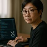 Softwareontwikkelaar bekijkt code met het XRP-logo op het scherm in een rustige thuiswerkplek