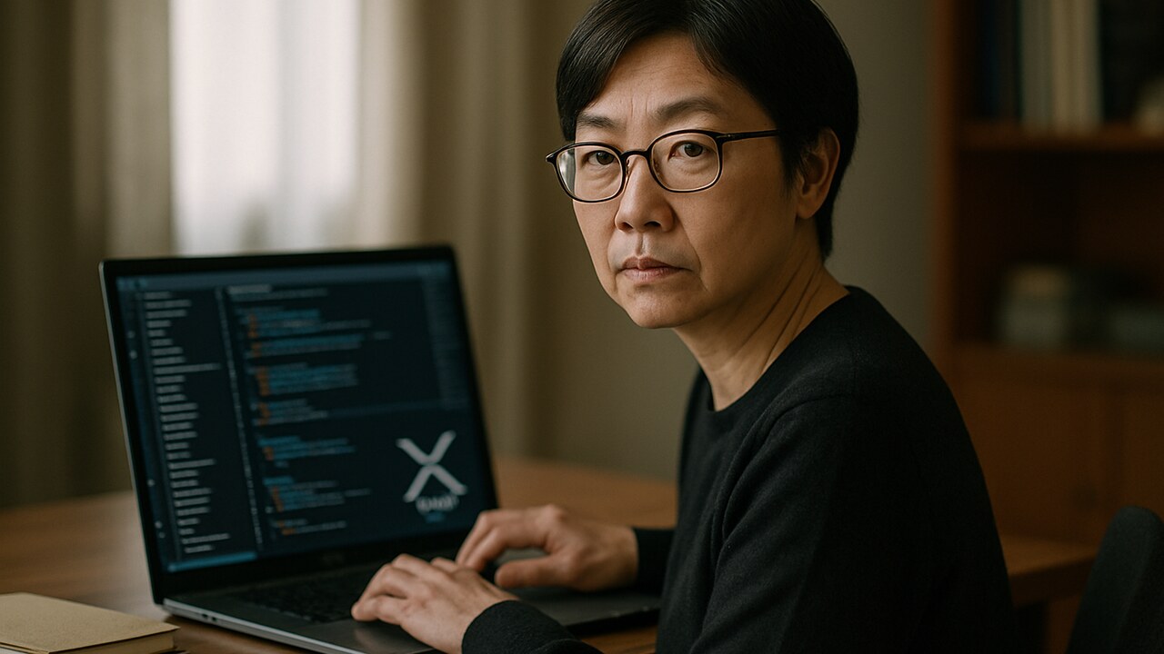 Softwareontwikkelaar bekijkt code met het XRP-logo op het scherm in een rustige thuiswerkplek