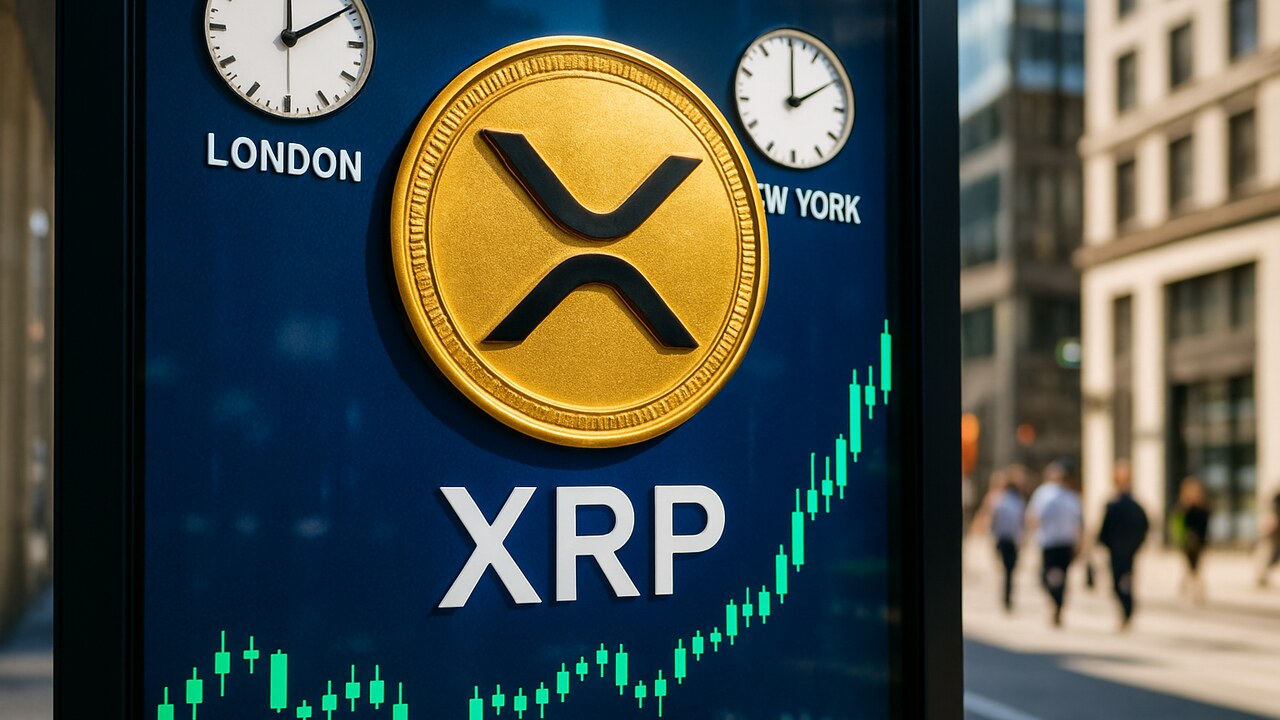 Beeldscherm met XRP-logo en klokken van Londen en New York boven een groene koersgrafiek