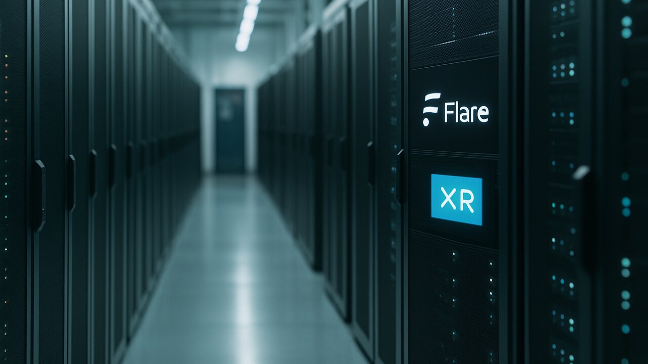 Datacenter met serverracks waarop het Flare-logo en XRP-symbool zichtbaar zijn