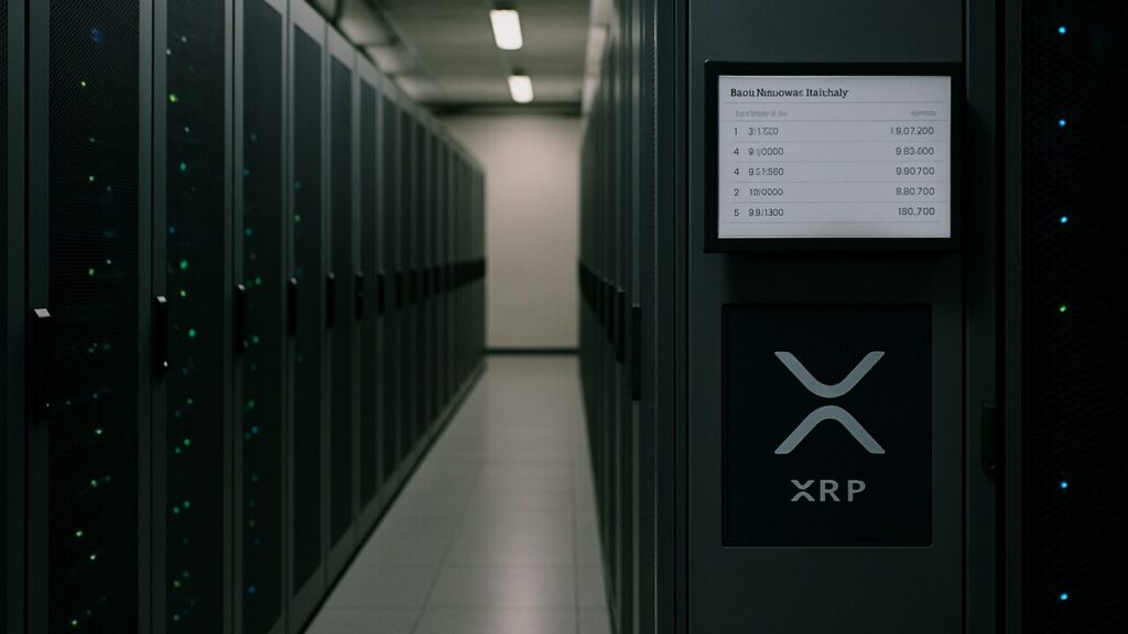 Serverruimte met racks en een scherm dat een ranglijst van XRP-accounts toont
