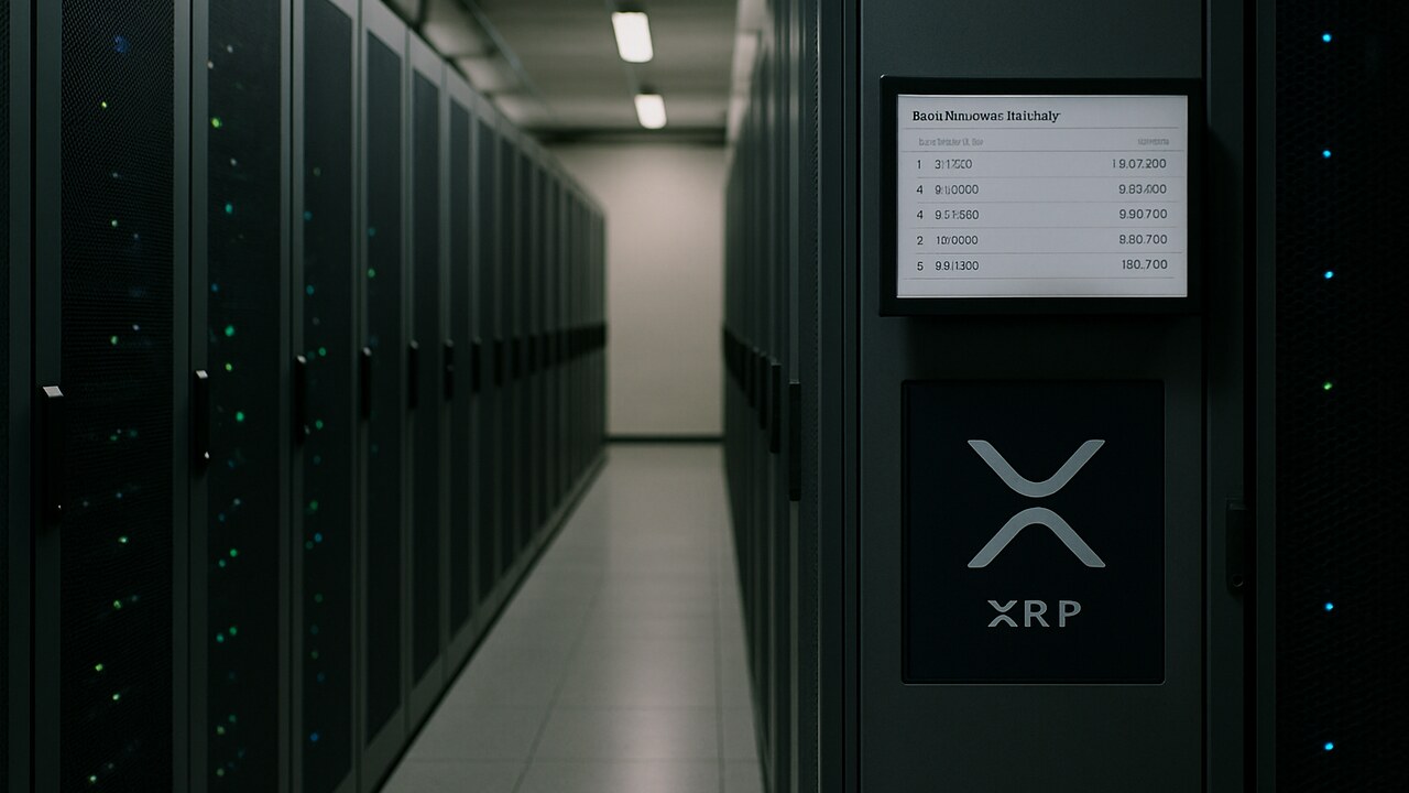 Serverruimte met racks en een scherm dat een ranglijst van XRP-accounts toont
