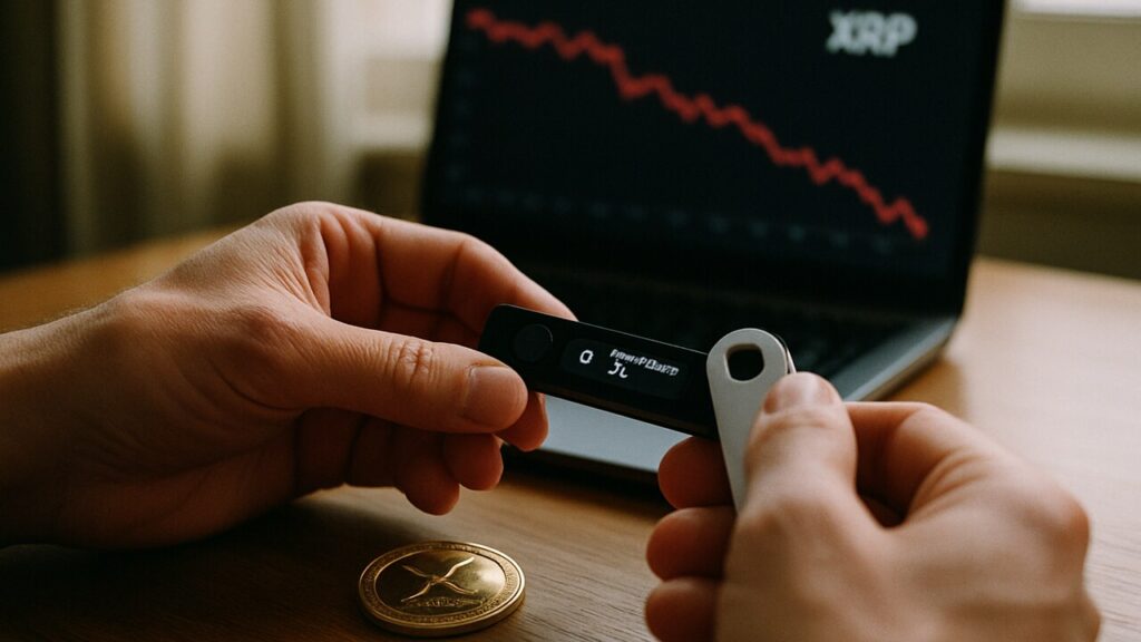 Handen houden een hardware wallet vast, op de achtergrond een laptop met een dalende rode XRP-koersgrafiek