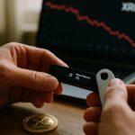 Handen houden een hardware wallet vast, op de achtergrond een laptop met een dalende rode XRP-koersgrafiek